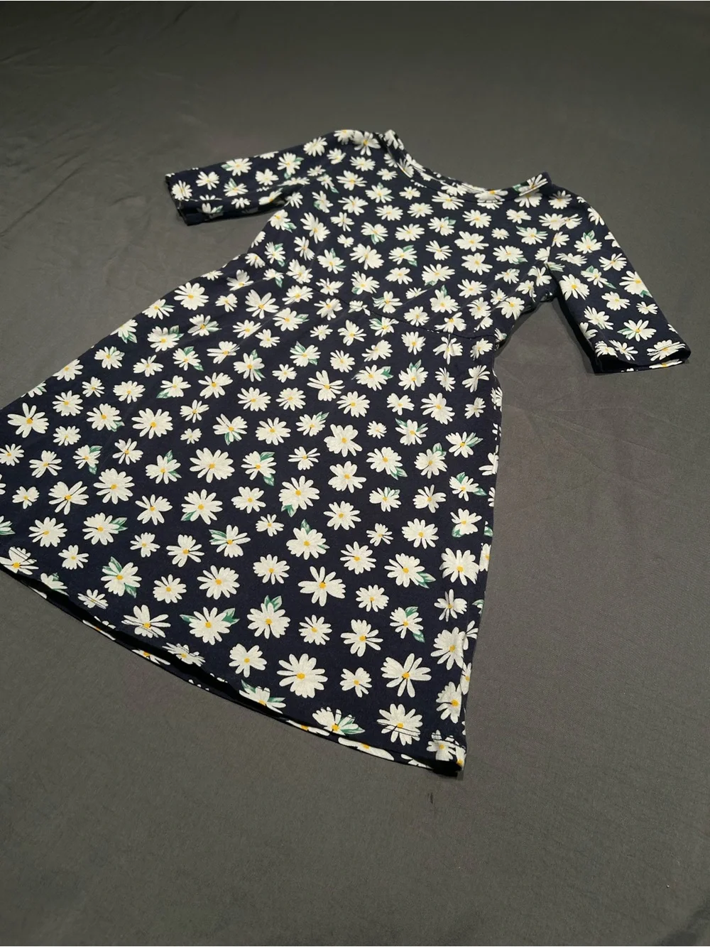 Girls Navy Blue White Daisy Floral Print Elbow Sleeve A-Line Dress